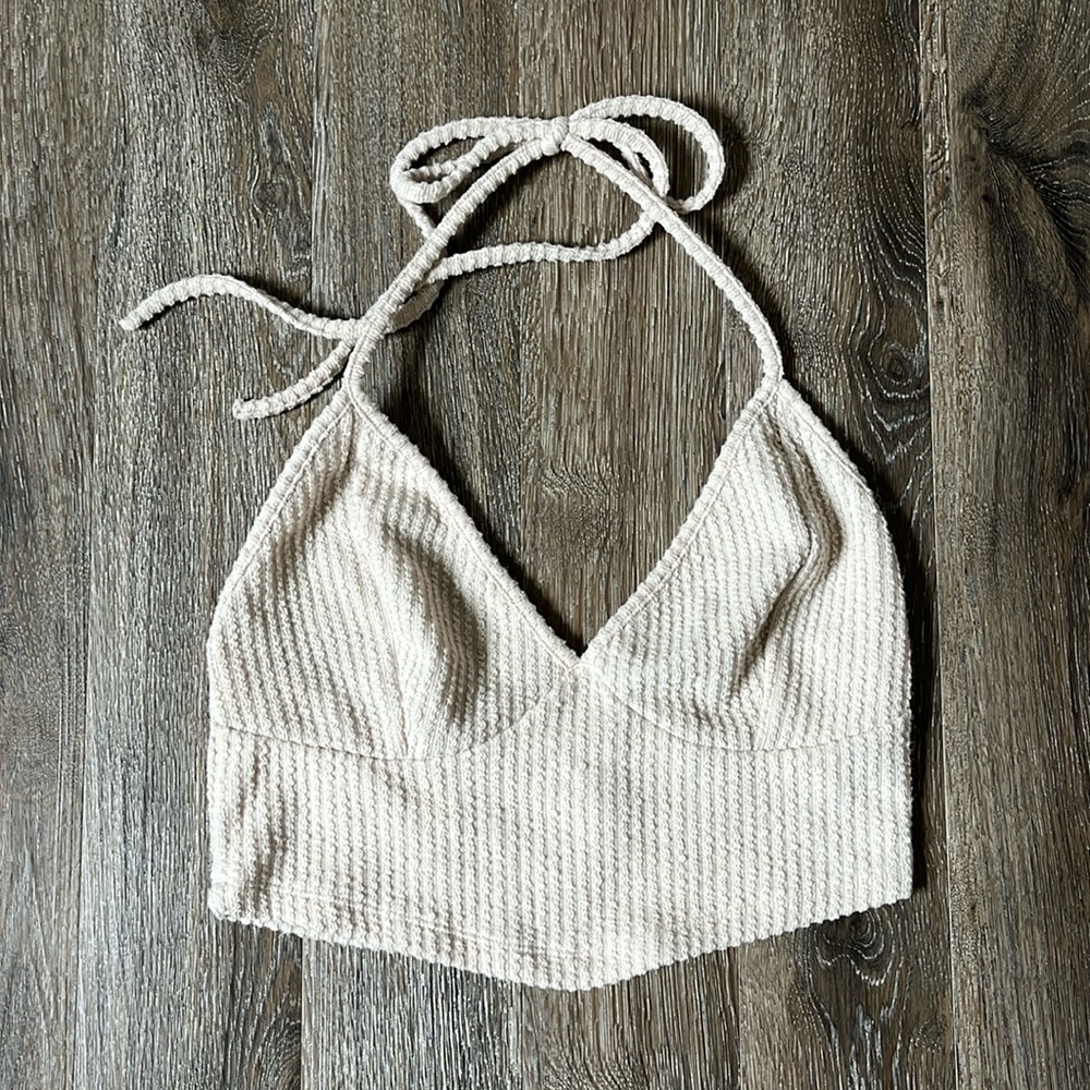 Halter Crop Top Plunge Neckline Tan Ribbed Fabric Size Small